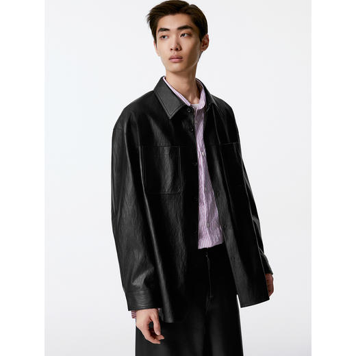 GXG男装 黑色pu皮简约时尚休闲衬衫外套男士24年秋热卖G24X033045 商品图4