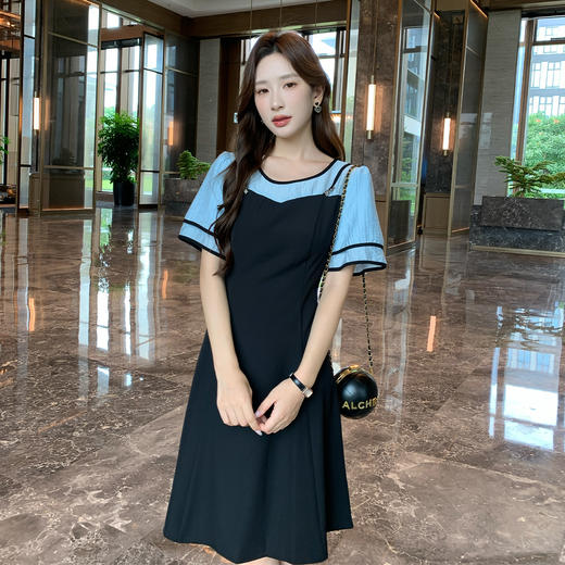 奢姿大码女装2026夏季气质显瘦拼接撞色假两件设计感收腰连衣裙9952802942A 商品图0