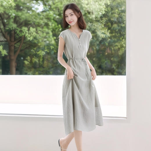 老钱风灰绿色亚麻小飞袖连衣裙 商品图2