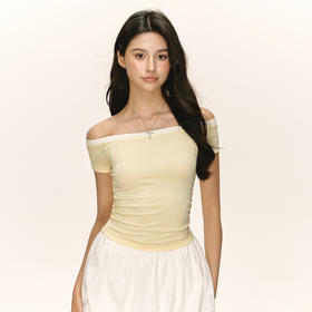 Ariseism 美式复古设计感一字肩短袖t恤女夏季新款修身上衣