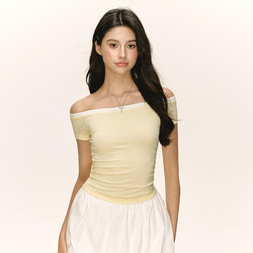 Ariseism 美式复古设计感一字肩短袖t恤女夏季新款修身上衣 商品图0