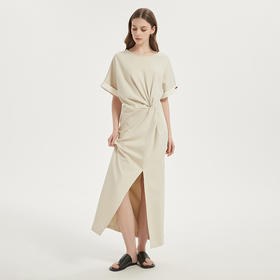 【2件9折】【Petit Bari】(多色)休闲慵懒不对称扭结开衩连衣裙