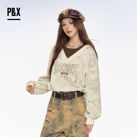 P&X设计师女装2025秋新款长袖字母假两件短款卫衣 825317145 杏色 商品图2