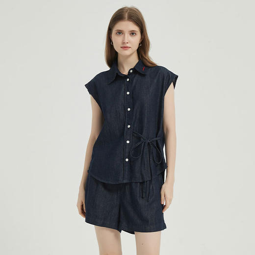 【2件9折】【Petit Bari】法式不对称系带亚麻牛仔无袖衬衫（水洗产品） 商品图0