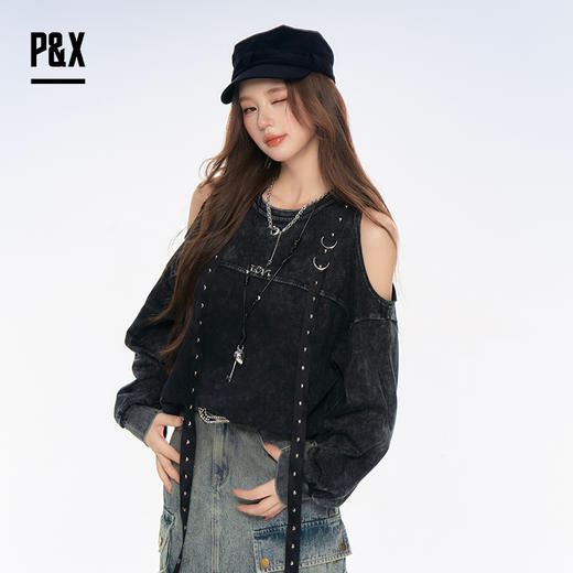P&X设计师女装2025秋复古做旧铆钉针织长袖T恤825302210 黑色 商品图1