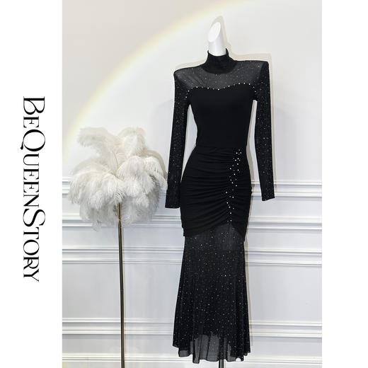 余潇潇【极夜星辰】气质性感烫钻拼接针织抽褶修身弹力鱼尾连衣裙 商品图2