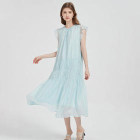 【2件9折】【Petit Bari】(多色)轻盈仙气褶皱肌理小飞袖连衣裙