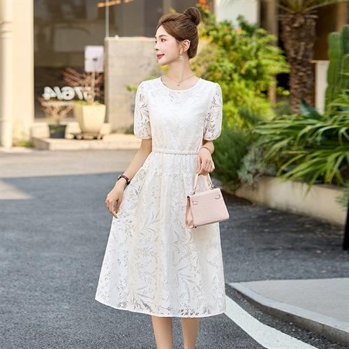 2025年夏装纯色气质优雅显瘦高级感新款收腰法式蕾丝镂空连衣裙XXL3101 商品图1