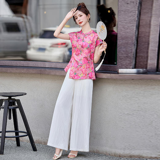 TZW-新中式国风套装女2025夏新款时尚气质印花马甲阔腿裤两件套 商品图2
