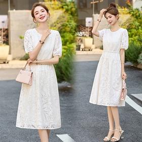 2025年夏装纯色气质优雅显瘦高级感新款收腰法式蕾丝镂空连衣裙XXL3101