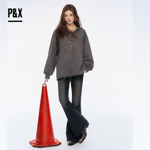 P&X设计师女装2025秋新款街头休闲纯色中长款卫衣825317144 灰色 商品图2