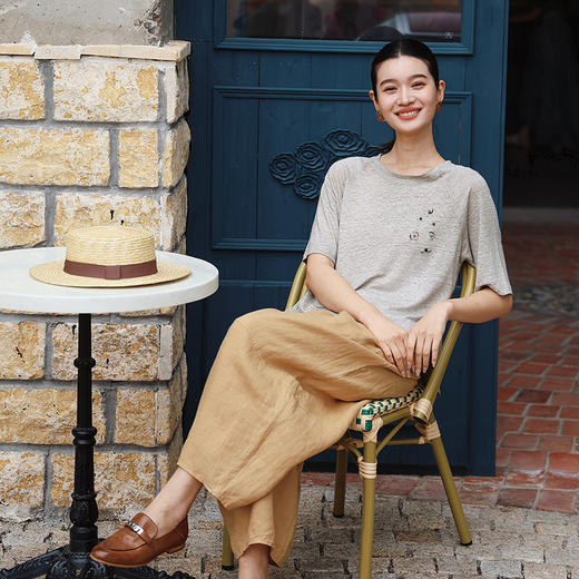 绽放449朵/【多巴胺系列】亚麻花纱刺绣圆领插肩袖针织中袖T恤夏 商品图2