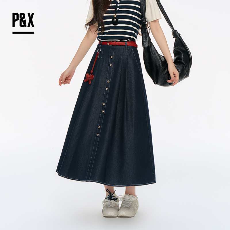 P&X设计师女装2025秋季新款通勤A字牛仔半身长裙 825307102 蓝色