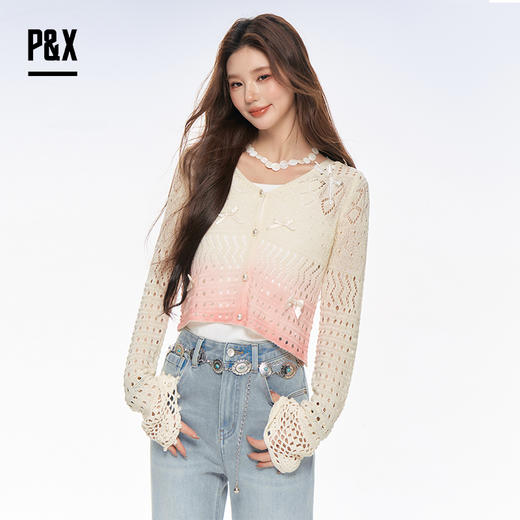 P&X设计师女装2025秋季新款短款两件套镂空针织衫825315162 杏色 商品图1