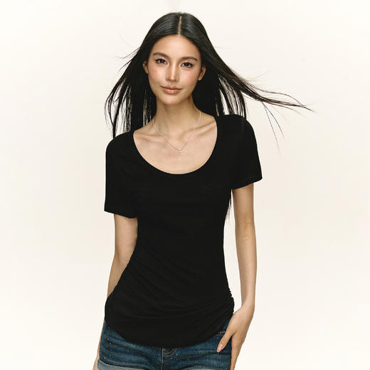 Ariseism 美式复古设计感U领短袖t恤女夏季新款修身上衣 商品图2