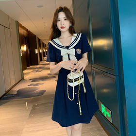 奢姿大码女装2025夏季学院风海军领连衣裙胖妹妹蝴蝶结时尚裙子9952835117
