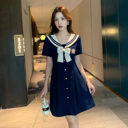 奢姿大码女装2025夏季学院风海军领连衣裙胖妹妹蝴蝶结时尚裙子9952835117 商品图2