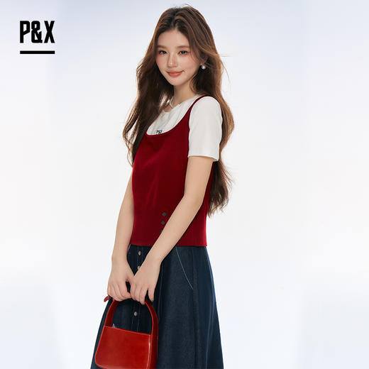 P&X设计师女装2025秋季奶茶系T恤撞色两件套上衣825315178 白/红 商品图3