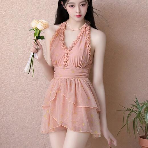 泳衣女款2025新款高级感法式V领复古连体裙式度假沙滩温泉游泳装 商品图1