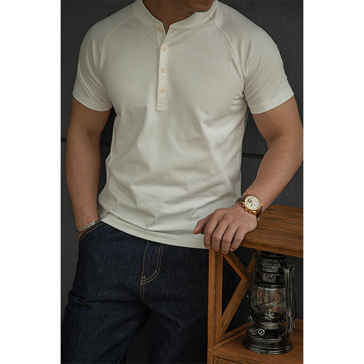 【硬派复古风 凉感索罗娜 高弹不束缚】唔刃美式亨利领插肩T恤（WR241TE1008） 商品图0