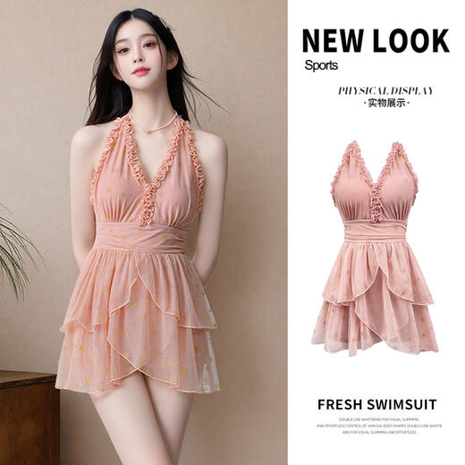 泳衣女款2025新款高级感法式V领复古连体裙式度假沙滩温泉游泳装 商品图0