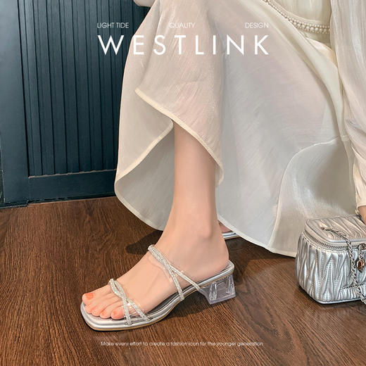 西遇法式凉拖鞋女夏季外穿新款水晶跟透明水钻一字带粗跟凉鞋D0956673 商品图1