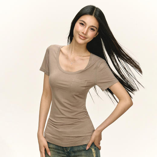 Ariseism 美式复古设计感U领短袖t恤女夏季新款修身上衣 商品图1