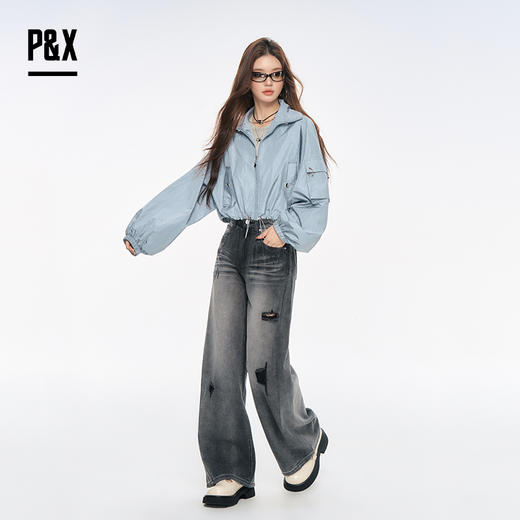 P&X设计师女装2025秋季防风百搭宽松外套短款风衣825319168 蓝色 商品图3