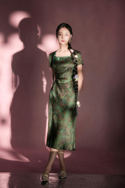 逸红颜明月优选​​「夏木·谷幽1」23姆米素绉缎香云纱，蝴蝶结小鱼尾连衣裙，复古腰果花夏日林间诗~ 商品图7