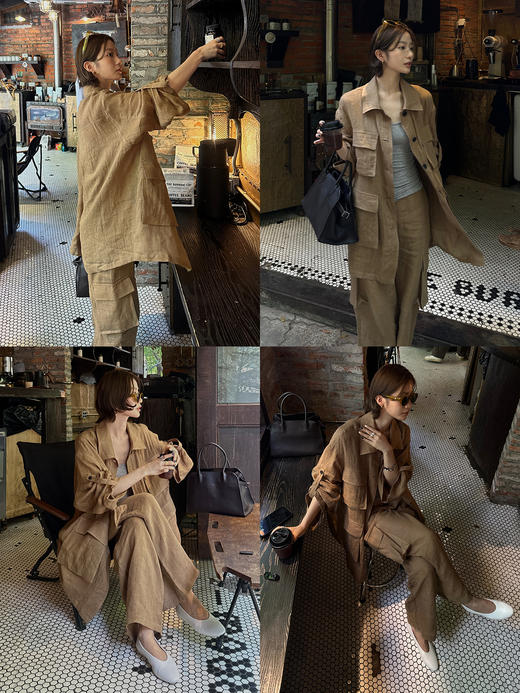 HIDEMI 水洗做旧感亚麻立体口袋猎装廓形薄外套阔腿裤两件套套装 商品图4