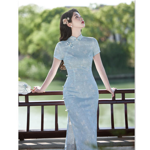 GX蓝色小个子旗袍2025年新款夏季新中式气质国风年轻款收腰显瘦日常 商品图2