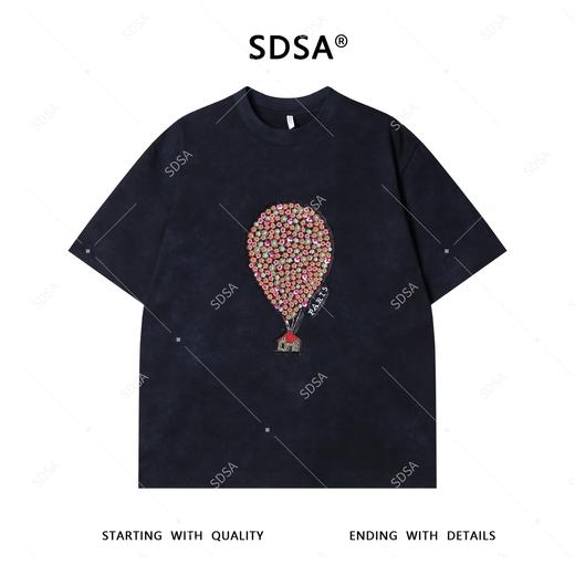 T4081夏季高级感新款男士潮牌重工刺绣花朵热气球短袖T恤宽松圆领上衣 商品图1