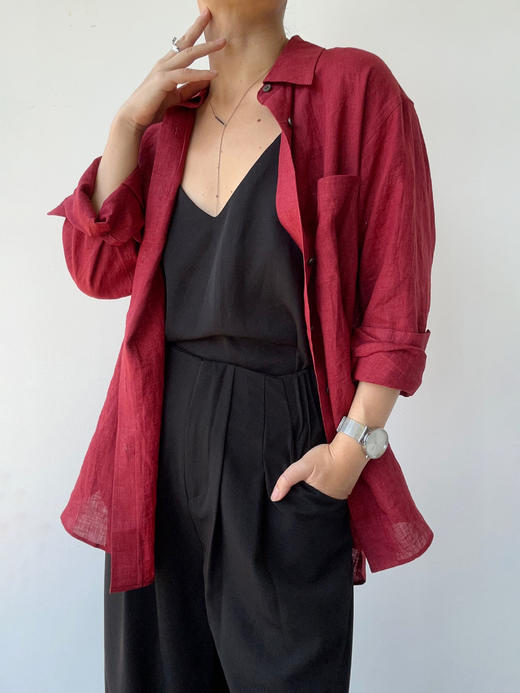THEHOYAN｜TH2504-R  04 oversized linen shirt BURGUNDY 亚麻衬衫 [ 酒红 ] 商品图0