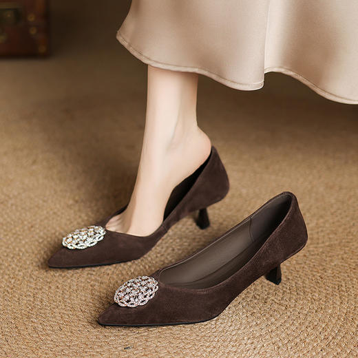 【预售5天】法式黑色低跟鞋女细跟工作鞋职业新款通勤绒面尖头单鞋SP&X1519 商品图2