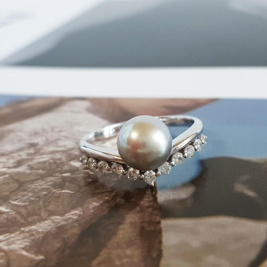 【天然正品】AU750白金镶钻镶天然近完美约7.3MM真多麻海水珍珠戒指14号（戒圈可改）女士现售价：3280！300625NJS04 商品图5