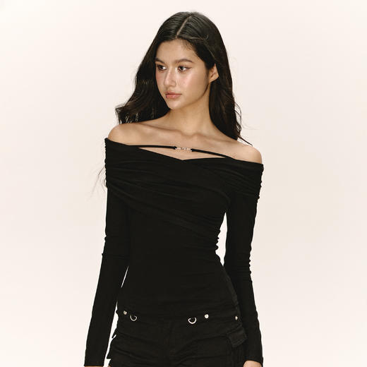 Ariseism 美式复古设计感薄款一字肩长袖t恤女秋季新款修身上衣 商品图1