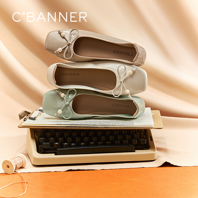 千百度低跟蝴蝶结浅口单鞋女牛皮小香风平底鞋晚晚鞋A25461813