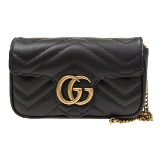 GUCCI古驰 GG Marmont 金色 复古双G徽标配钥匙圈 V型纺缝 皮革牛皮 单肩包斜挎包 超迷你 女款 黑色 商品图0