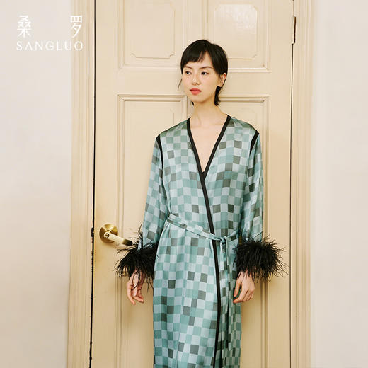 复古英伦』桑罗绿灰格纹真丝睡袍100%桑蚕丝羽毛装饰女休闲家居服 商品图1