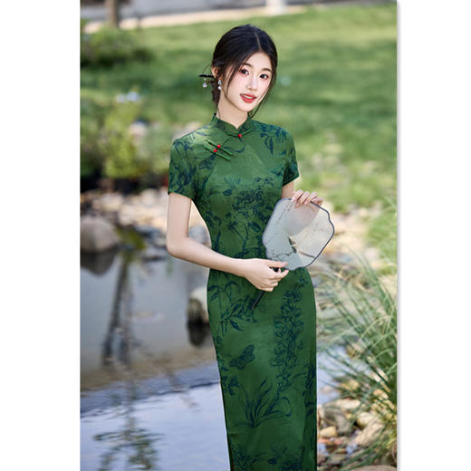 GX绿色旗袍2025新款改良年轻款复古民国风小个子连衣裙日常可穿夏季 商品图0
