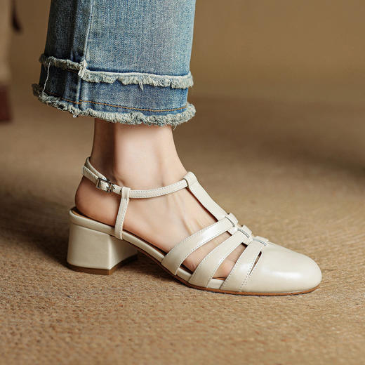 2025夏新款牛皮复古风棕色透气配裙子粗跟包头罗马凉鞋女3340大码 商品图3