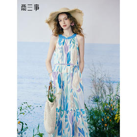 两三事 海屿漫花 2025夏季新款度假风剪纸印花绑带无袖连衣裙长裙