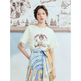 两三事 旧舷绒迹 2025夏季新款个性蕾丝拼接印花短袖t恤女宽松