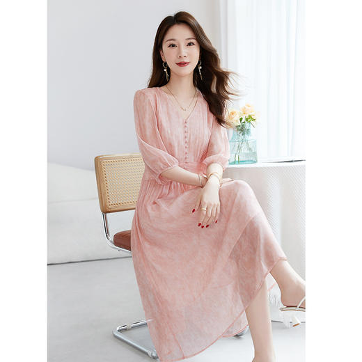QS-【100%桑蚕丝】显瘦大码中长裙通勤气质A字仙女裙真丝连衣裙1085 商品图2