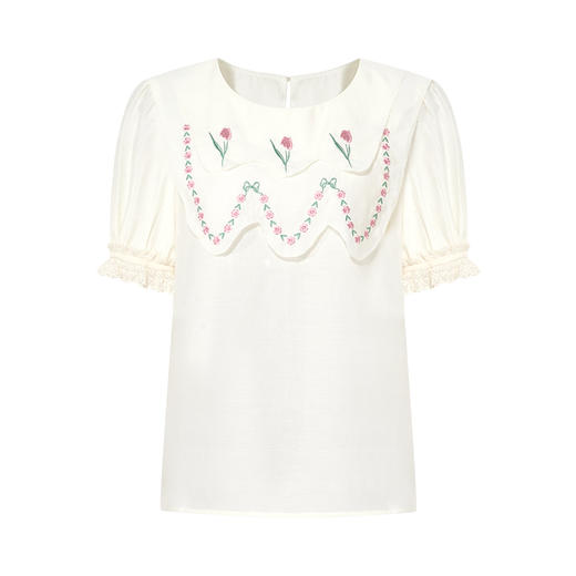 两三事云泡香朵2025夏季新款小清新郁金香绣花双层领泡泡袖衬衫女 商品图4