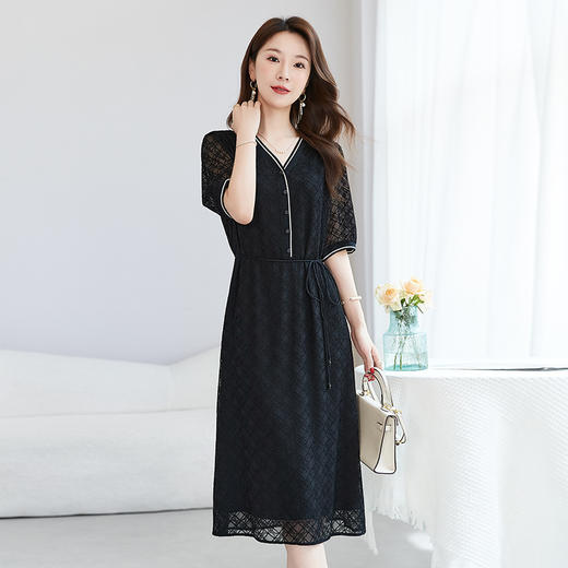 QS-【100%桑蚕丝】轻奢大码V领减龄连衣裙重工绣花真丝连衣裙女1677 商品图1