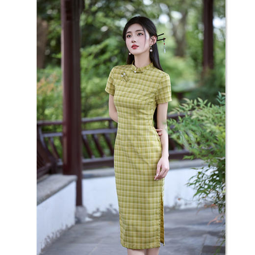 GX复古国风文艺格子长款TR棉旗袍2025夏季新款年轻少女学院风旗袍裙 商品图3