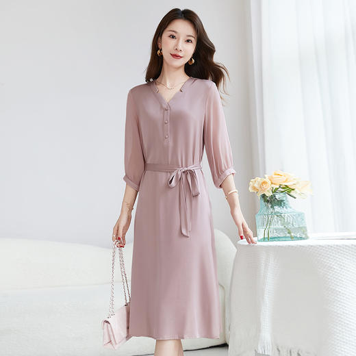 QS-水墨佳人杭派原创重磅真丝连衣裙女纯色拼接收腰中长裙子82497336 商品图0