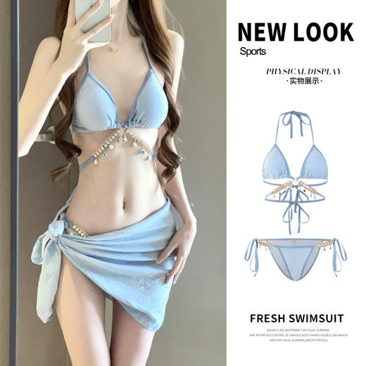 泳衣女人鱼钻链欧美纯欲风绑带三角比基尼三点式ins 性感度假泳装 商品图0