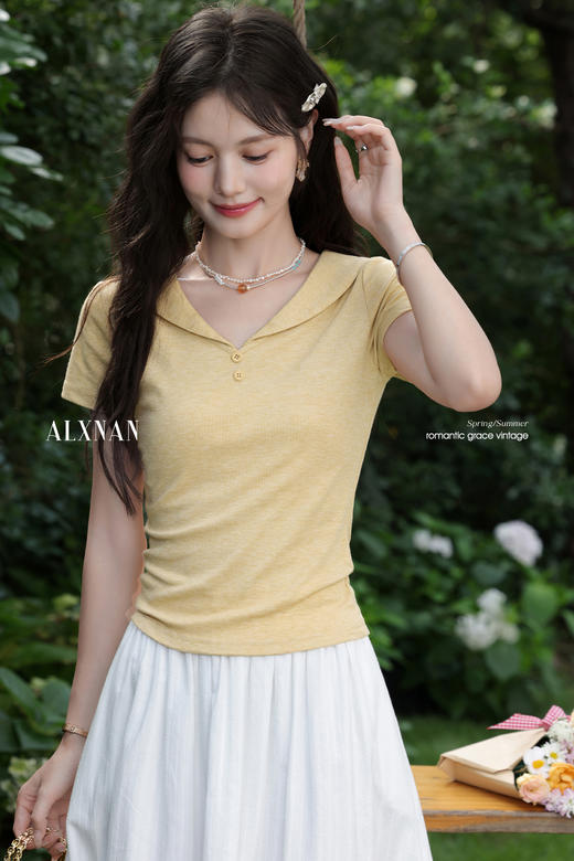 鹿向南「柠檬气泡」温柔风黄色V领短袖T恤女夏季收腰显瘦上衣小众 商品图5